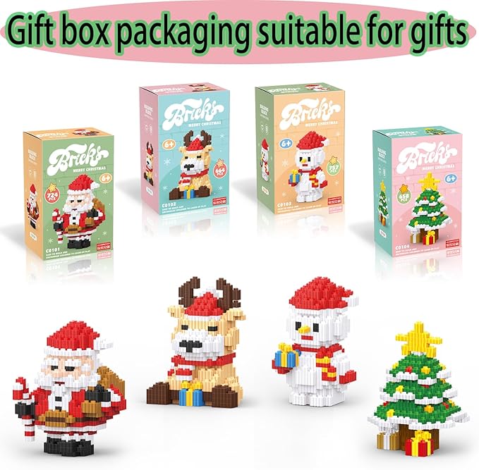 Christmas Building Blocks Sets 4 in 1 Compatible for Lego Christmas Micro Blocks Stacking New Toys Holiday Present Box New Year Birthday Gifts for Kids 6-12 Years Old (4 in 1)