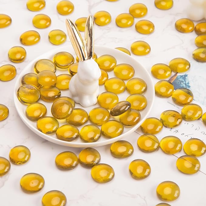FUTUREPLUSX 5Lb Flat Glass Marbles, Amber Yellow Vase Filler Beads Flat Gems Decorative Glass Stones for Table Scatter Hydroponic Plant Decor