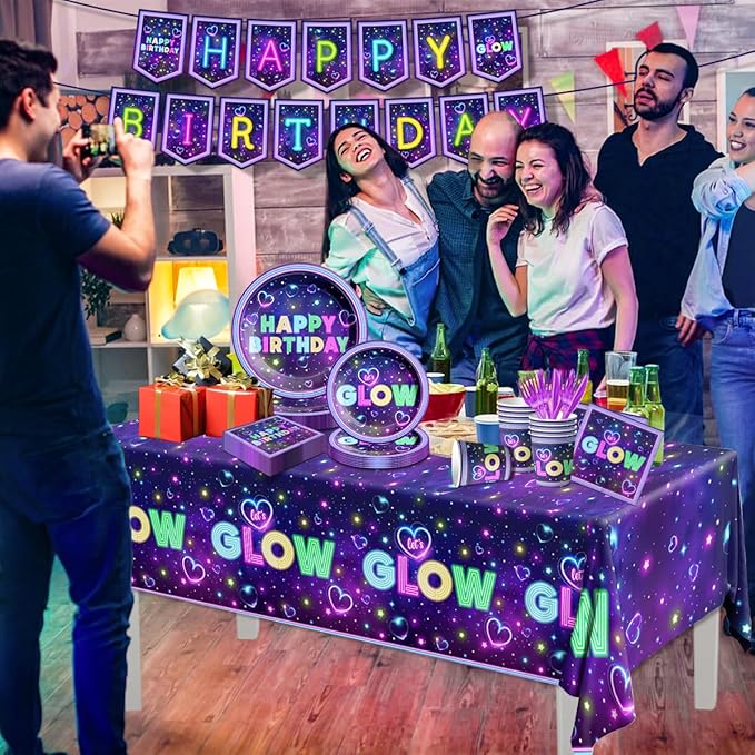 Glow Neon Party Supplies Tableware Set, 142Pcs Let's Glow Birthday Party Decorations Include Neon Plates and Napkins,Cups,Glow Tablecloths for Neon Party Decorations, Serves 20