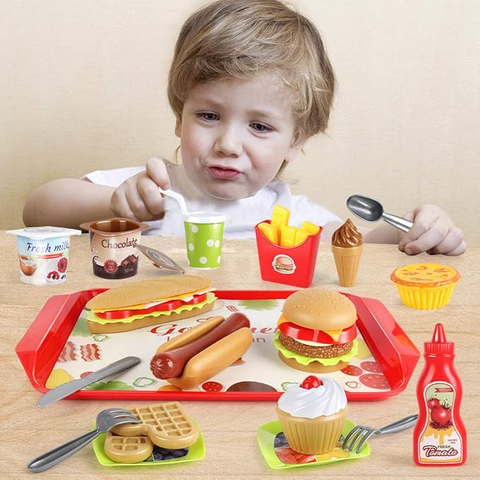 Fast Food Set - 59 PCS Kitchen Toy Set for Pretend Play, Kids Toddlers Play Accessories, Removable Food, Party Favor Christmas Stocking Stuffers