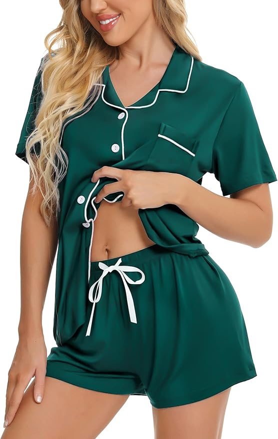 SWOMOG Womens Button Down Pajamas Set Short Sleeve Sleepwear Bride Soft Pj Lounge Sets XS-3XL