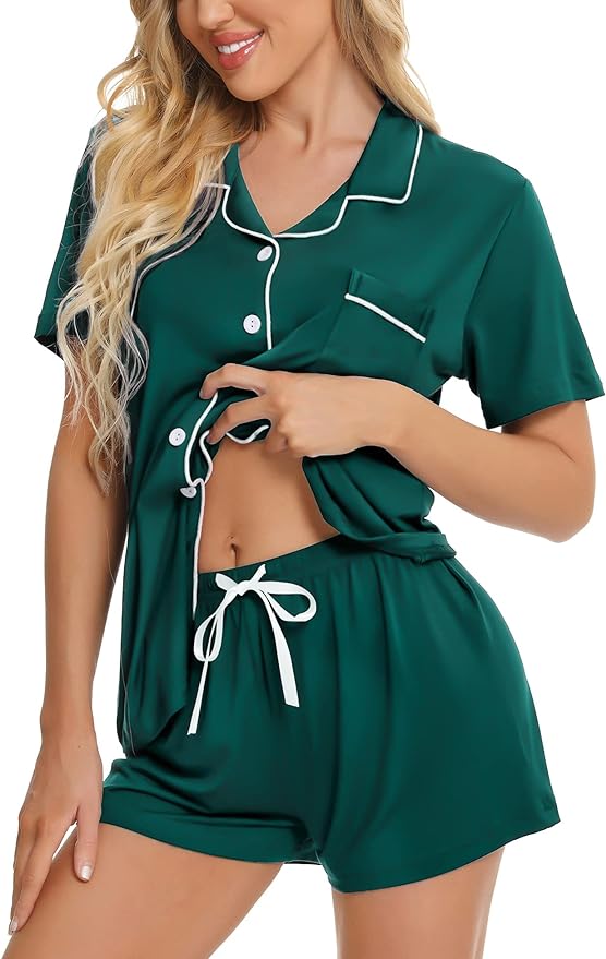 SWOMOG Womens Button Down Pajamas Set Short Sleeve Sleepwear Bride Soft Pj Lounge Sets XS-3XL