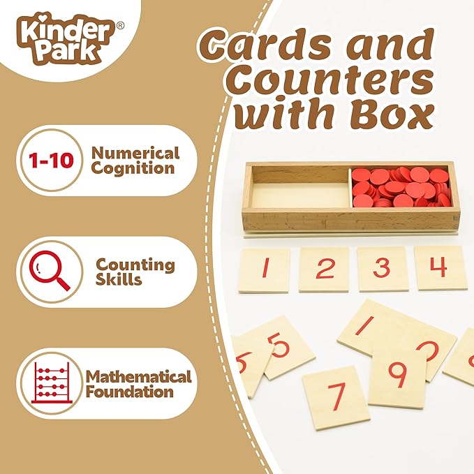 Montessori Wooden Math Counters with Number Cards & Chips 1-10 for Kids 3+ Years Old, Montessori Cards & Counters with Storage Box for Toddlers Math Learning, Preschool Math Toys for Classroom