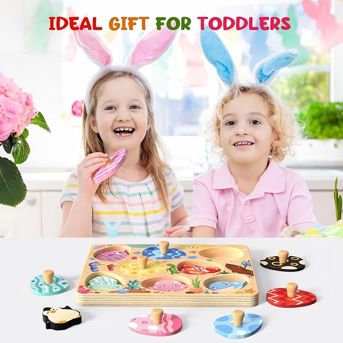 Wooden Puzzles for Toddlers, 8 Pcs Sea Animal Matching Egg Puzzle, Montessori Toys for Boy Girl Easter Birthday Gifts, Preschool Learning Activities & Educational Toys for Boys, Girls