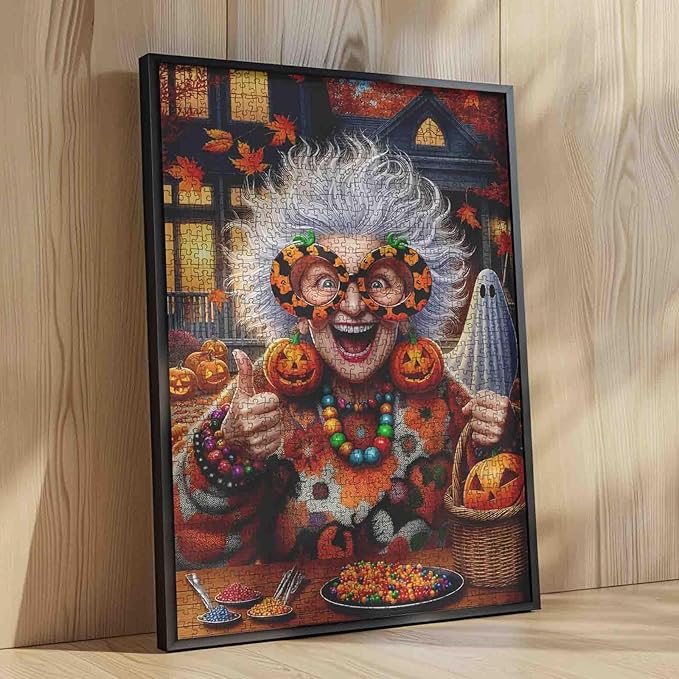 Excited Grandma with Pumpkin Glasses 1000 Piece Jigsaw Puzzle for Adults Students 20×27 Inches Funny Halloween with Candy Ghosts Fall Leaves and Colorful Decor Festive Autumn Puzzle