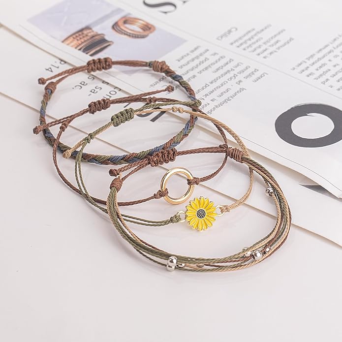 FANCY SHINY Sunflower String Bracelet Boho Braided Rope Wrap Bracelets Cute Summer Beach Surfer Jewelry for Women Christmas Gifts