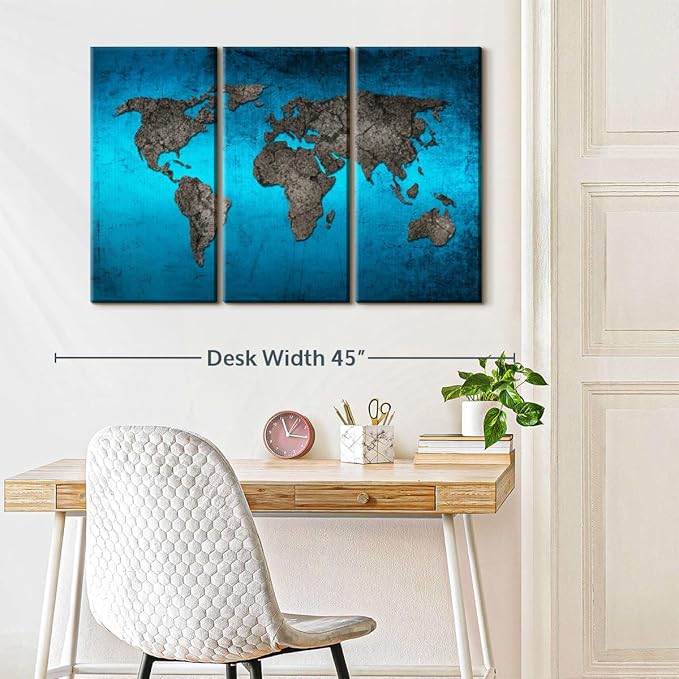ElephantStock Ocean World Map Multi Piece Canvas - 3 Panel Wall Decor - Map of the World Art - Canvas for the Office and Home - 38" X 24"