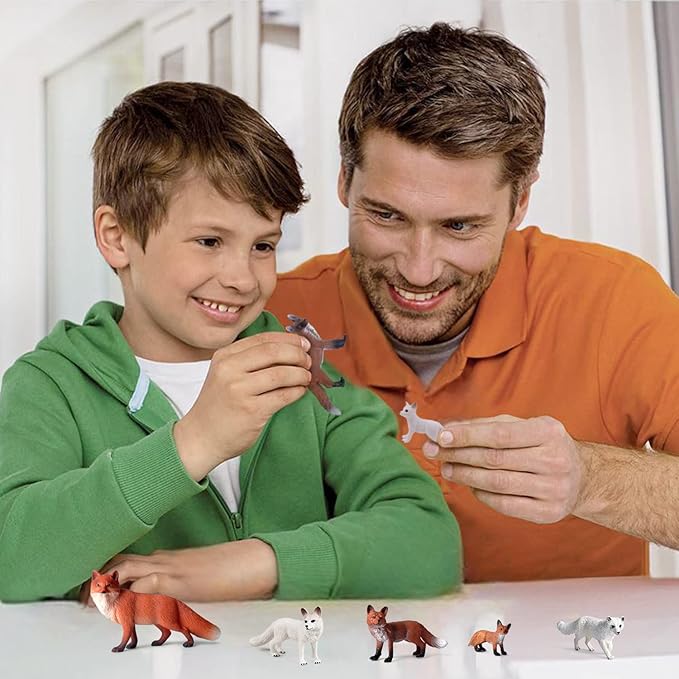 SIENON 8Pcs Fox Toy Figures Set, Miniature Arctic and Red Foxes Family Forest Woodland Animals Figurines Toys for Kids Educational Winter Diorama Chirstmas Birthday Party Gift Cake Decorations