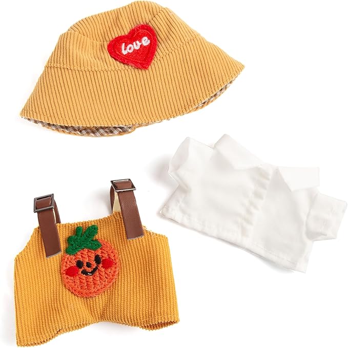 17cm Design Clothes for Labubu Doll - Kawaii Chic Style Set for 17cm Dolls, Cute Doll Outfit with Accessories - White Shirt + Yellow Pumpkin Romper + Heart Shaped Yellow Hat (Clothes Only)