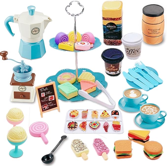 Pretend Tea Party Set for Little Girls, 48 PCS Coffee Maker Set and Play Food Dessert Set for Kids Age 3 4 5 6 7 8 9, Kids Kitchen Pretend Play for Princess Girls Boys(Blue)