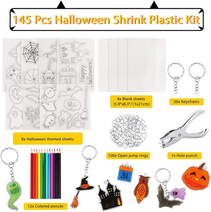Auihiay 145 Pieces Halloween Heat Shrink Plastic Sheet Kit Include 8 Shrink Paper with Halloween Patterns, 4 Blank Shrink Film Papers, Hole Punch, Keychains, Pencils for Kids DIY Creative Craft