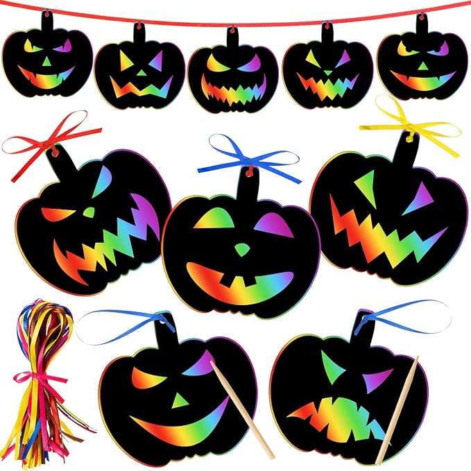 Outus 48 Pieces Halloween Scratch Art Paper Crafts Kit Rainbow Pumpkins Scratch Craft Art Halloween Decor with 12 Wooden Sticks and 48 Colorful Ribbons for Trick or Treat Party Supplies DIY Ornaments