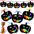 Outus 48 Pieces Halloween Scratch Art Paper Crafts Kit Rainbow Pumpkins Scratch Craft Art Halloween Decor with 12 Wooden Sticks and 48 Colorful Ribbons for Trick or Treat Party Supplies DIY Ornaments