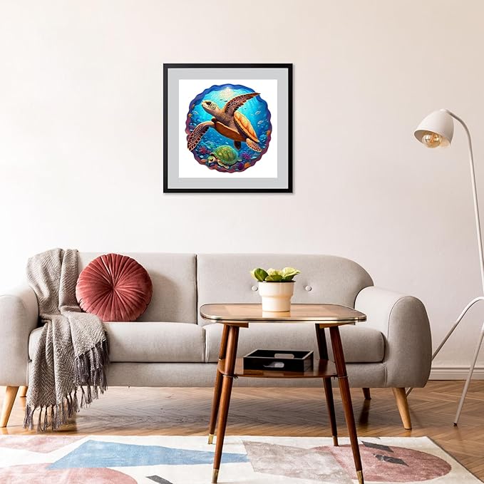 Wooden Jigsaw Puzzle 500 Pieces for Adults - Circular Sea Turtle Art Puzzle with Underwater Ocean Scene (Corals, Fish), Challenging Family Leisure Game, Unique Home Decor & Gift Idea