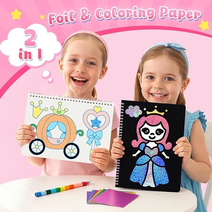 3 otters Foil Art Fun, Princess Arts and Crafts for Kids DIY Creative Travel Toy Birthday Gifts for Girls 4 5 6 7 8