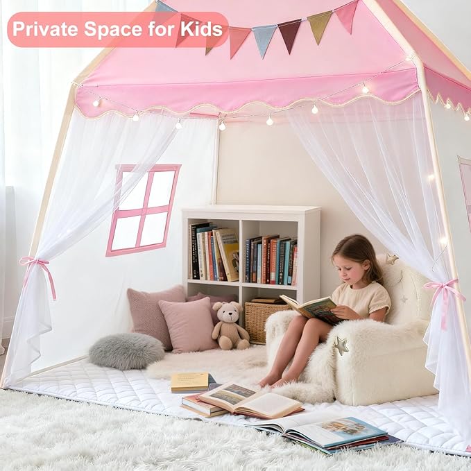 Kids Play Tent Indoor Teepee: Princess Castle Reading Nook with Mat Lights Carry Bag Mesh Windows Quick Setup for Bedroom Playroom Girls Ages 3-12 - 59x39x59 in