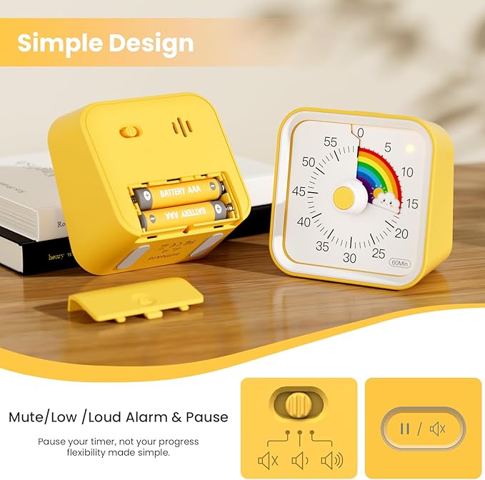 Visual Timer for Kids with Pause Function, Cute Silent Timer with Rainbow for Classroom, Teaching, Task, Kitchen, 60 Minute Countdown Time Management for ADHD (Rainbow Yellow)