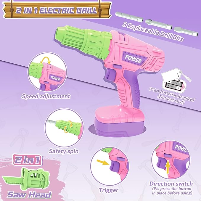 Kids Tool Set for Girls - Toddler Tool Set with Toy Chainsaw, Electric Toy Drill, Pretend Play Construction Tools Toy Gifts for Kids Aged 3 4 5 6 7