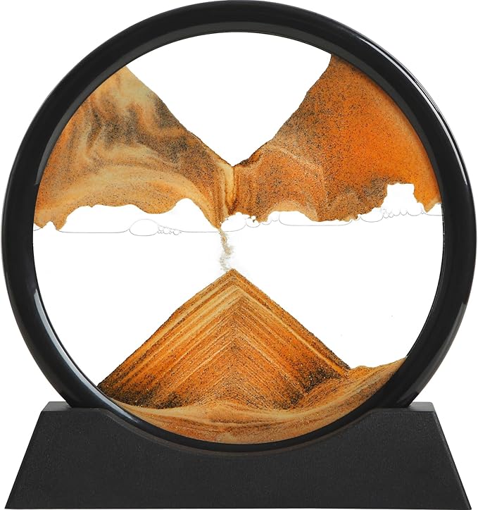 Moving Sand Art Liquid Motion, 3D Deep Sea Sandscape Color Quicksand Decor, Round Glass Moving Sand Art Picture Relaxing Desktop Home Office Work Decor (Orange, 7 inch)