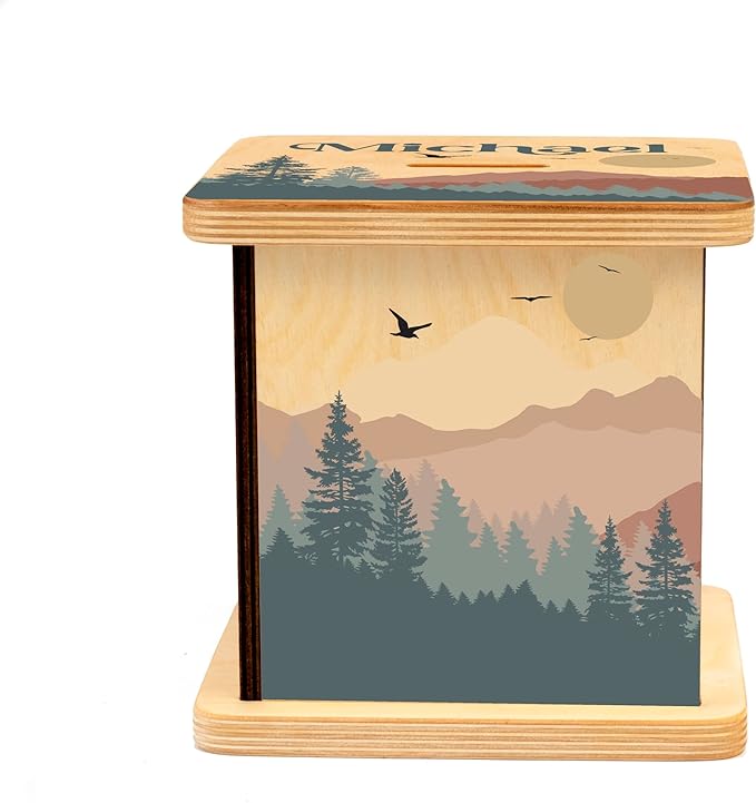 Wooden Piggy Bank for Kids and Adults, Personalized Gift Handmade in USA by BloomOwl, Custom Piggy Bank, Personalized Banks for Kids, Gifts for Baby Boys and Girls (Mountains)