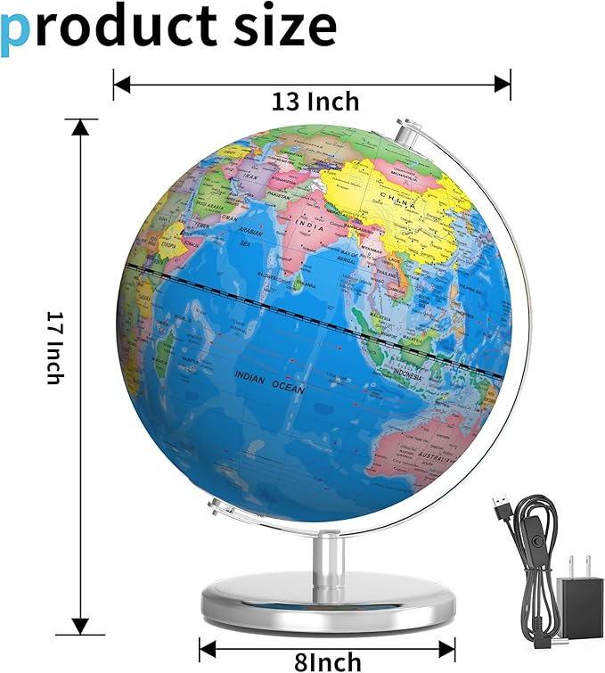Orionstar 13" Large World Globe with Stand, Educational Globe for Kids Learning, Colorful HD World Map Details, Illuminated Globes Lamp with Stable Heavy Metal Base, LED