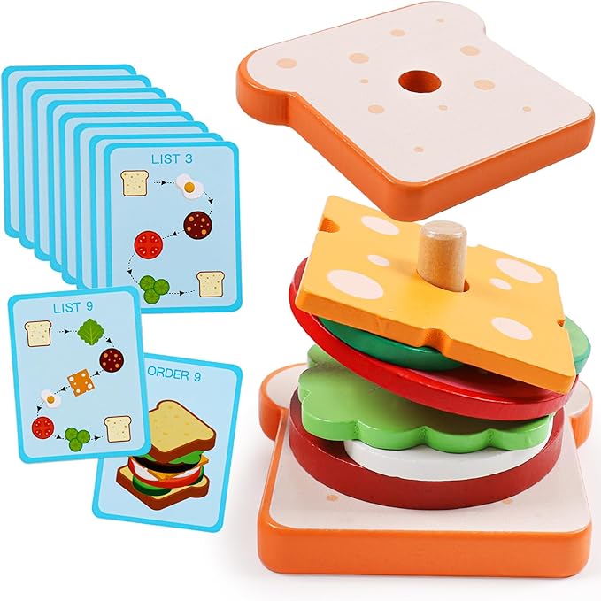 kizh Wooden Sandwich Sorting Stacking Toys Play Food Set for Toddlers Preschool Educational Montessori Toys Fine Motor Toy for Kids Boys Girls