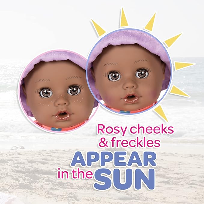 ADORA Beach Baby African American Doll with Sun-Activated Freckles, Clothes & Accessories Set, Adorable Baby Doll Made in Exclusive QuickDri Vinyl Birthday Gift for Ages 1+ - Baby Piper