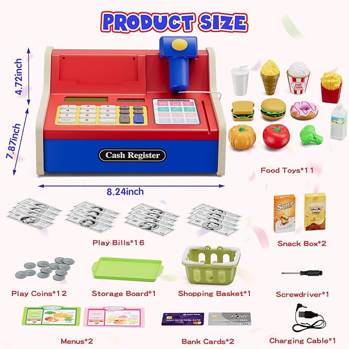 Wooden Cash Register for Kids with Real Calculator, Rechargeable Cash Register Toy with Scanner/Play Money/Food/Credit Card/Menu, Pretend Play Toys Gifts for Boys Girls Ages 3-8, Blue