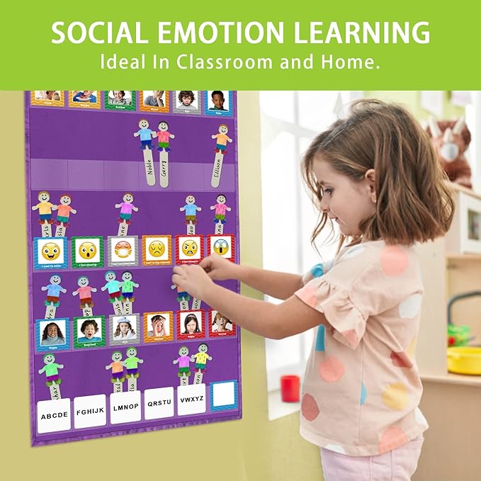 Boczif Emotions Feelings Pocket Chart for Classroom Chart with 24 Cards for Preschool Teacher, Daycare Decor, Social Emotional Learning Activities, Calm Down Corner Supplies (Purple)