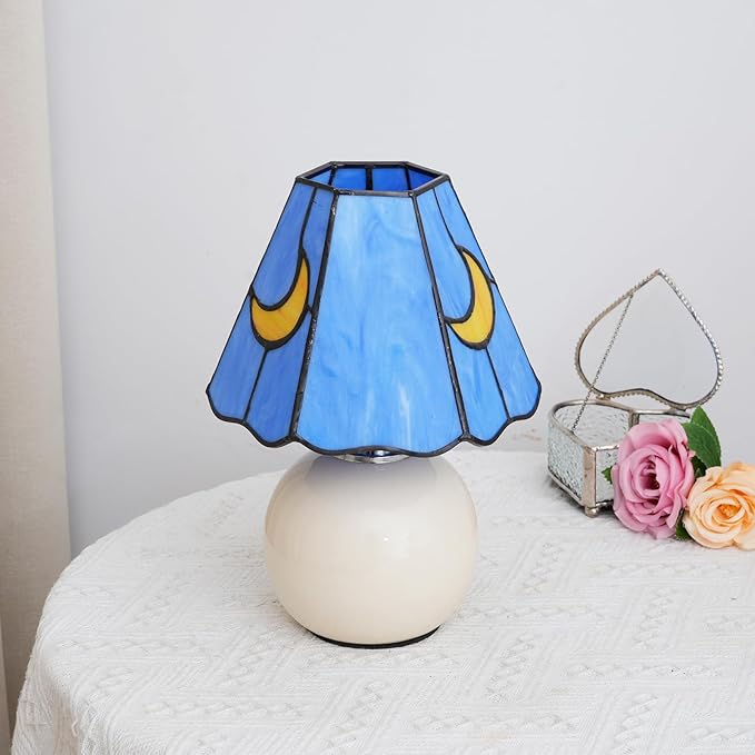 Mushroom Lamp Tiffany Stained Glass Moon lamp Cute Small Bedside Table Lamps for Living Room Home Decor,Girls Women Birthday Christmas Thanksgiving Day Gift,Blue