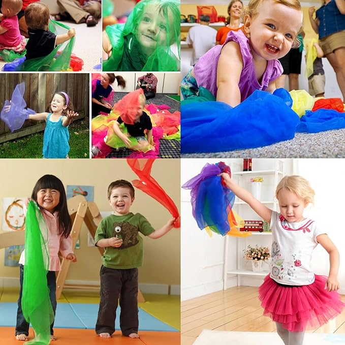 Juggling Dance Scarves 12 PCS Upgraded Reinforced Edges Scarves for Kids Play Silk Scarfs for Babies Toddlers Children Movement Music Scarf Magic Tricks Performance Props Accessories 24 Inches