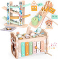 Wooden Montessori Toys for Toddlers 1-3, Baby Pounding Hammering Toy with Xylophone & Fishing Game, Car Ramp Racer, Stacking Blocks & Shape Sorter, 3 in 1 Learning Multi-Activity Set for 1 + Year Old