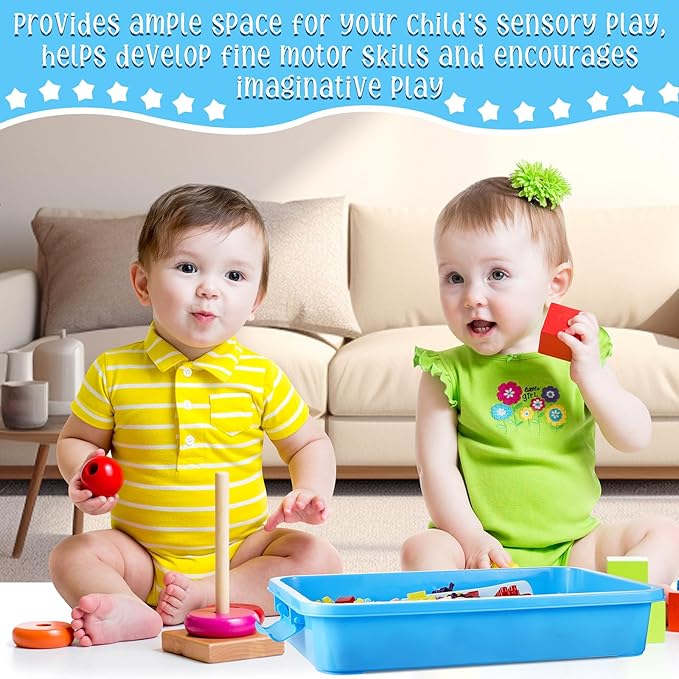 2 Pcs Sensory Bins Sand Tray with Lid, 15in Stackable Leak-Proof Plastic Sensory Tray for Sand & Water Play, Portable Bin for Kids 3 4 5 6, Easy Clean, Indoor Outdoor(Blue, Green)