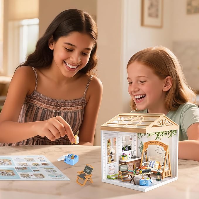 DIY Miniature House Kit Plastic House Building Toy Set with Roof & 2 Doors, Mini Dollhouse Kit with LED for Mini Figures Construction Toys Diorama Kit Gifts for Teens Adults (Happy Garden)