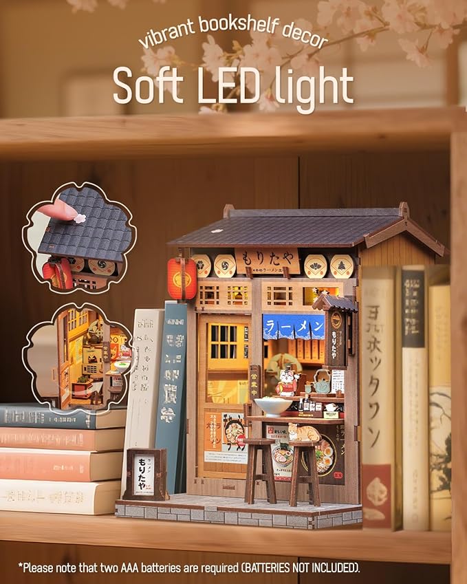 Cutefun Book Nook Kit - DIY Miniature House Kit for Adults, Japanese Tiny House Building Kit with LED, Dollhouse Kit Bookshelf Insert Decor Creative Gifts for Teens and Beginners (Morita Ramen)