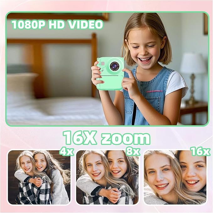 Instant Print Camera for Kids, 1080P Video Camera with 3 Print Rolls, 32GB Card & Cute Cover, Gift for Girls Boys Age 3-12, Toddler Digital Camera with Games, Filters, Music – Green