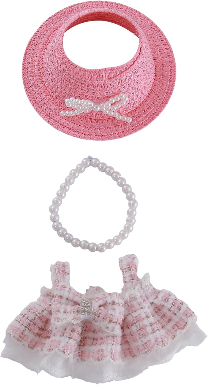 3PCS Pink Doll Outfit Set – Pink Dress, Straw Hat & Flower Necklace – 17cm Doll Clothes and Accessories – Clothes Set for Plush Figures – Only Accessories