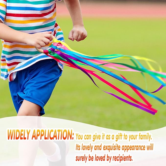 Sumind 6 Pcs Rainbow Ribbon Hand Kites Wands for Kids Dancer Streamer String Toy Thrown Waldorf Wand with Wooden Ring Wand Learning Educational(Bright Colors)