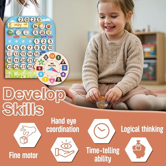 Interactive Calendar for Kids Ages 3+, Wooden Toddler Calendar, Teaching Seasons, Years, Months, Days of Week, Daily Activity Calendars for Kid Preschool & Homeschool (12 x 15 inches)