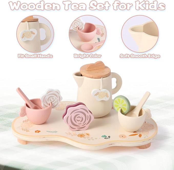 Wooden Tea Party Set for Little Girls Toddler, Princess Tea Cupcake Stand Food Dessert, Play Kitchen Accessories for Toddlers 3 4 5 6 Years Old, Wooden Toys Birthday Kids Girls Gifts 3-6