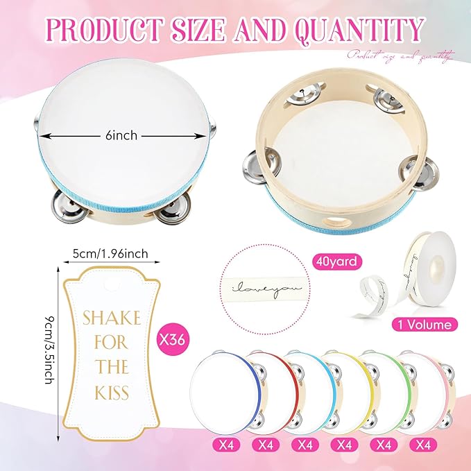 24 Set Tambourine for Adults Wooden Hand Held Drum with Metal Jingles, Gift Tags, White I Love You Printed Ribbon Percussion Gift Musical Instrument for Church Wedding Party (Colorful,6 Inch)