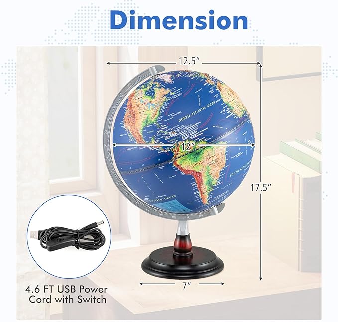 Goplus 12 Inch Illuminated World Globe, Antique Light up Rotating Globe Night Lamp with Wooden Stand, Geography Educational Desktop Decoration for Kids Adults Home Office School (Antique-Navy)