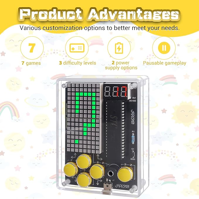 7-in-1 Game Soldering Practice Project Kit, PEMENOL DIY Retro Handheld Game Console with Adjustable Difficulty Levels and Pause Feature, Ideal for STEM Education College High School
