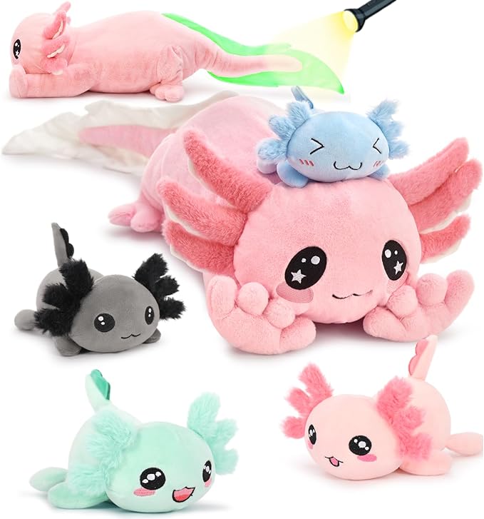 MaoGoLan 5 Pcs Axolotl Stuffed Animals with 4 Babies Inside Belly, Glow in The Dark Plush Axolotl Toys Cute Kawaii Pink Stuffed Salamander for Girls Kids Halloween Christmas Valentine's Day Gift