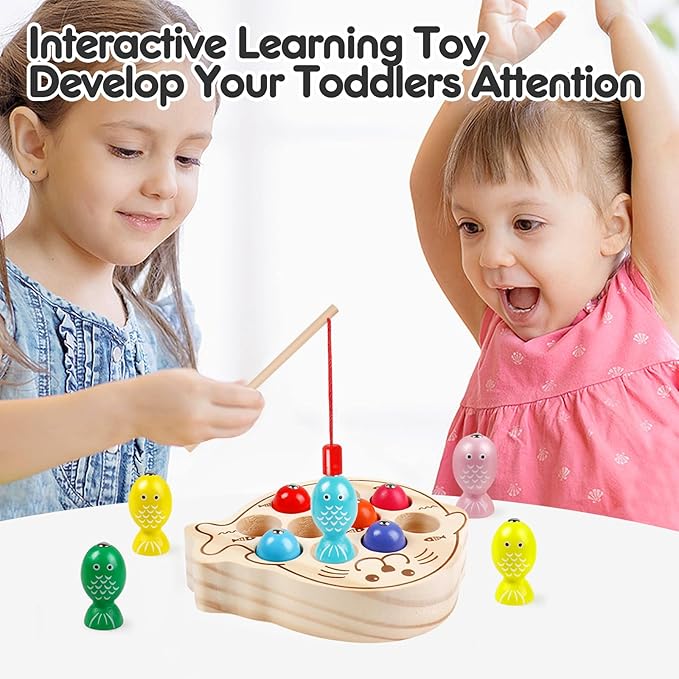 Wooden Magnetic Fishing Game for Kids 3-5,Montessori Preschool Educational Activities Learning Hand-Eye Coordination Fine Motor Skills Color Sorting Magnet Fish Toys for Boys Girls