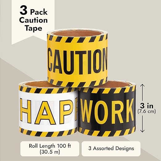 Blue Panda Construction Birthday Party Supplies Tape - 3 Rolls, 3 in x 100 Ft, Black, Yellow & White - Birthday Caution & Construction Tape Roll for Party Decorations