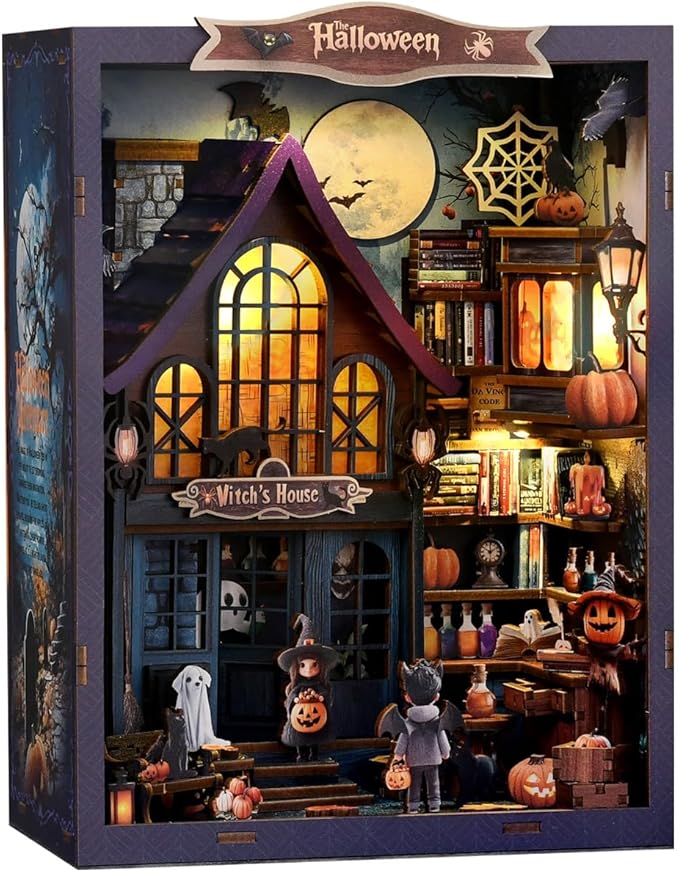 Book Nook Kit for Adults, 3D DIY Wooden Holiday Theme Miniature House Craft Kit Bookshelf Christmas Decor Halloween Birthday Gift