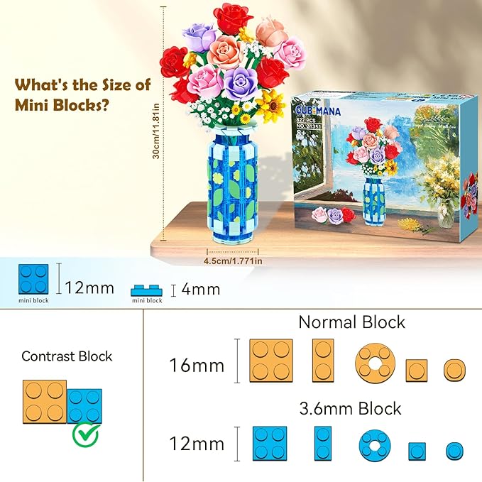Roses Flowers Building Set with Vase & LED Light, Mother's Day 16 Mini Flowers Bouquet Botanical Building Blocks Toy, Birthday Gifts for Adults, Artificial Flowers for Home Decor & Display