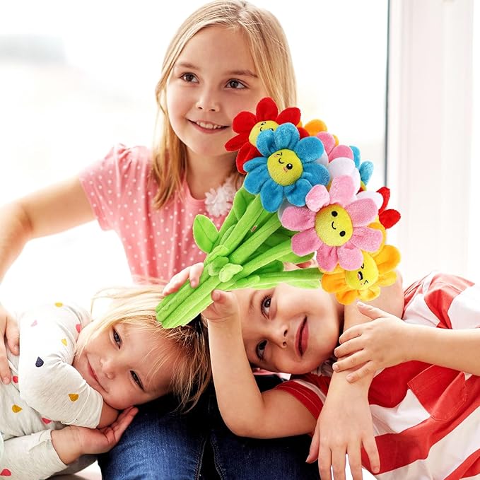 18 Pcs Plush Smile Flower Stuffed Bendable Stems Plush Bouquet Toy Soft Floral 12.6 Inch for Graduation 2025 Mother's Day Valentines Day Girl Girlfriend Wife Family and Friends(Lovely Style)