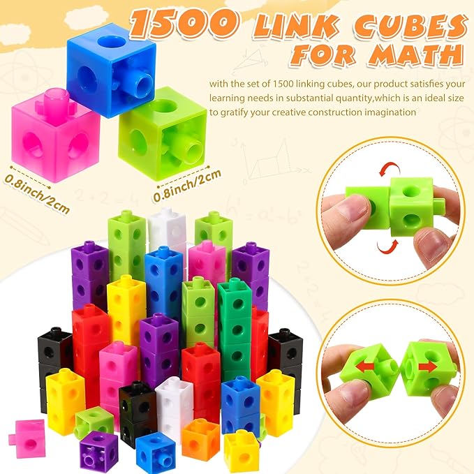 Jenaai 1500 Pieces Linking Cubes for Math Counting Cubes, Colorful Plastic Counting Blocks, Math Manipulatives Classroom Learning Supplies for Preschool Kindergarten Games
